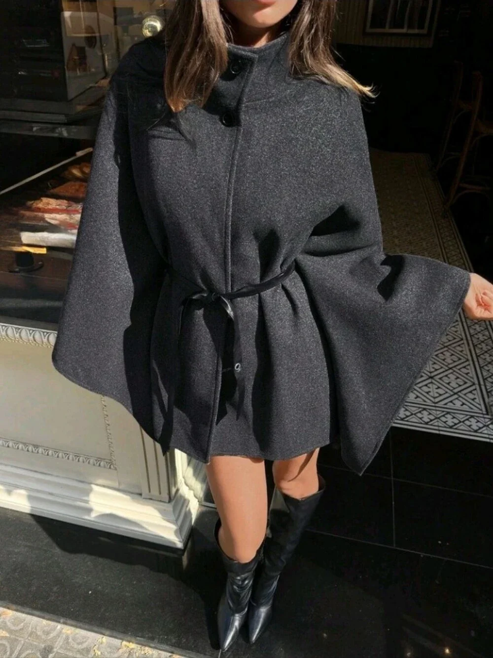 Women's Elegant High Collar Batwing Sleeve Cinched Waist Waist Wool Blend